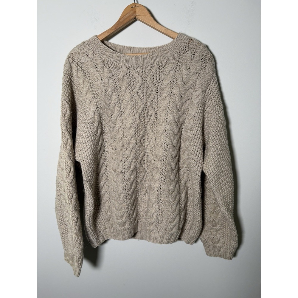 Vtg J CREW Cable Knit Sweater L 100% Wool Oatmeal Beige Chunky Fisherman Mens